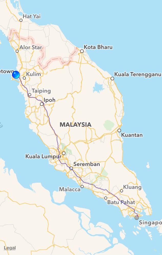 Singapore to Penang. Total time - approximately 9hrs.