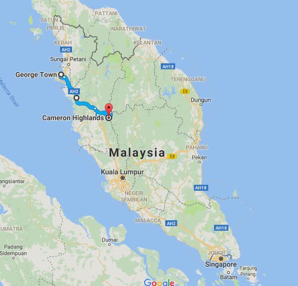 Day 47's route. Penang - Ipoh - Cameron Highlands.